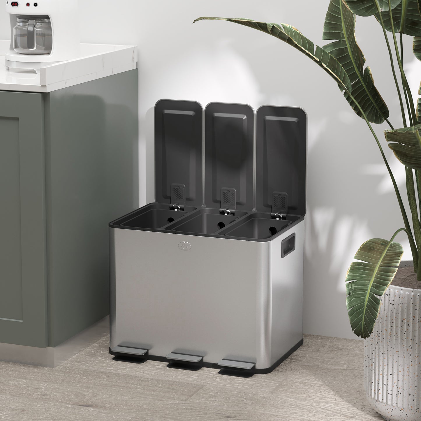 HOMCOM Triple 20L Pedal Bin Stainless Steel With Soft Close Lid And Removable Inner Buckets Silver
