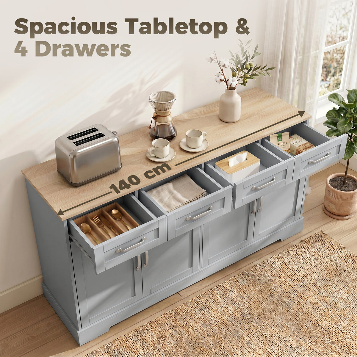 Grey sideboard cabinet with 140 cm tabletop and four drawers underneath