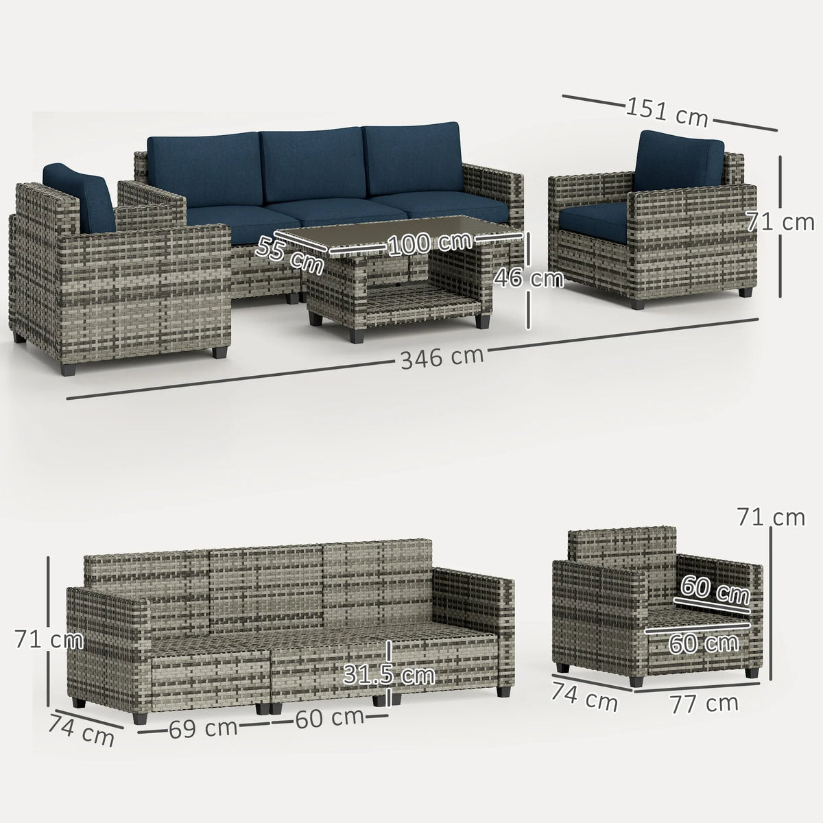 Outdoor rattan sofa set layout diagram with navy cushions and labeled dimensions