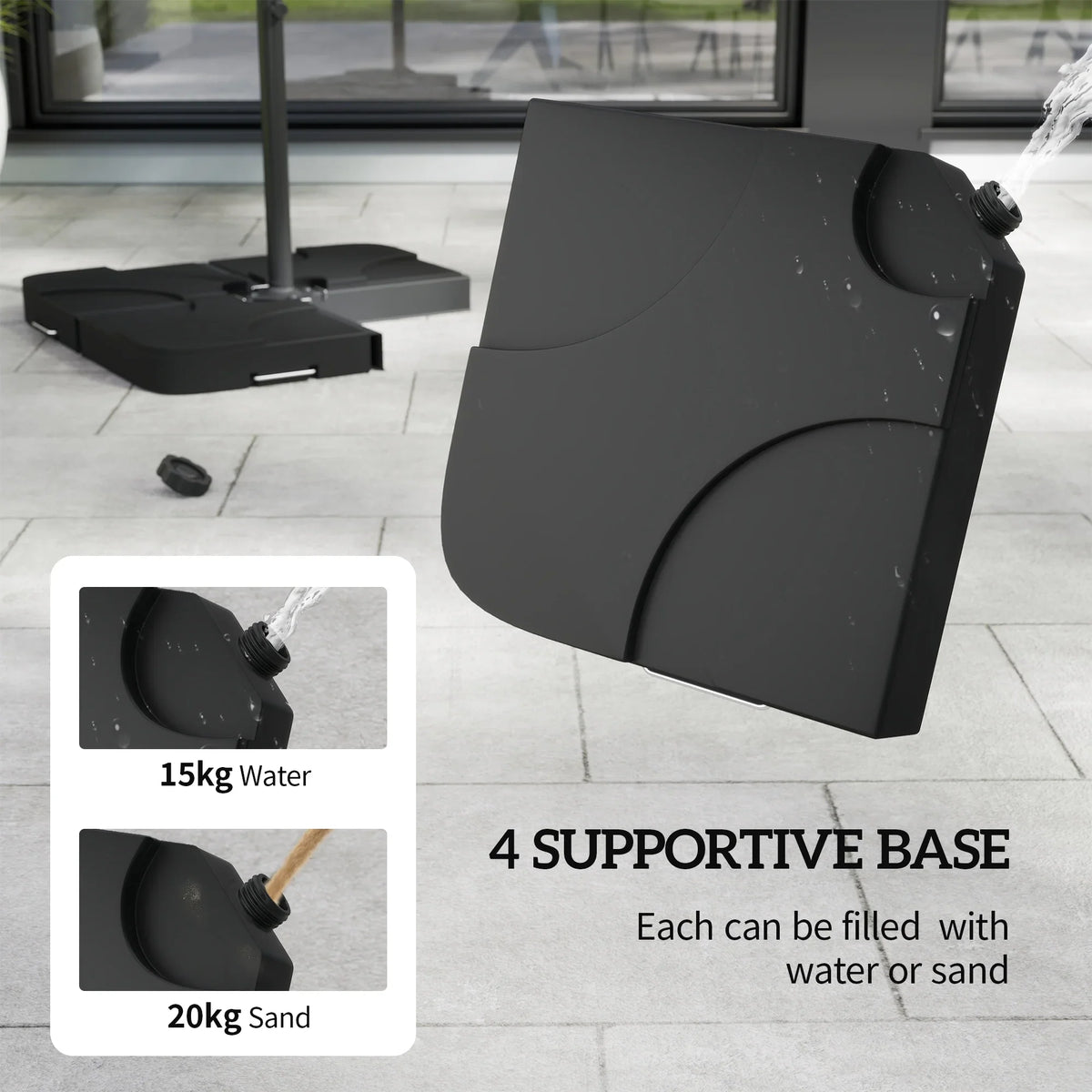 Black cantilever parasol base, fillable with water or sand.