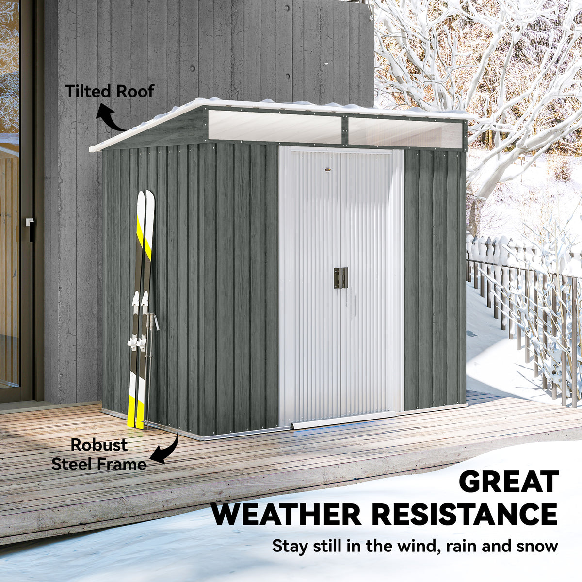 Light grey metal shed with tilted roof, robust steel frame, and weather resistant design