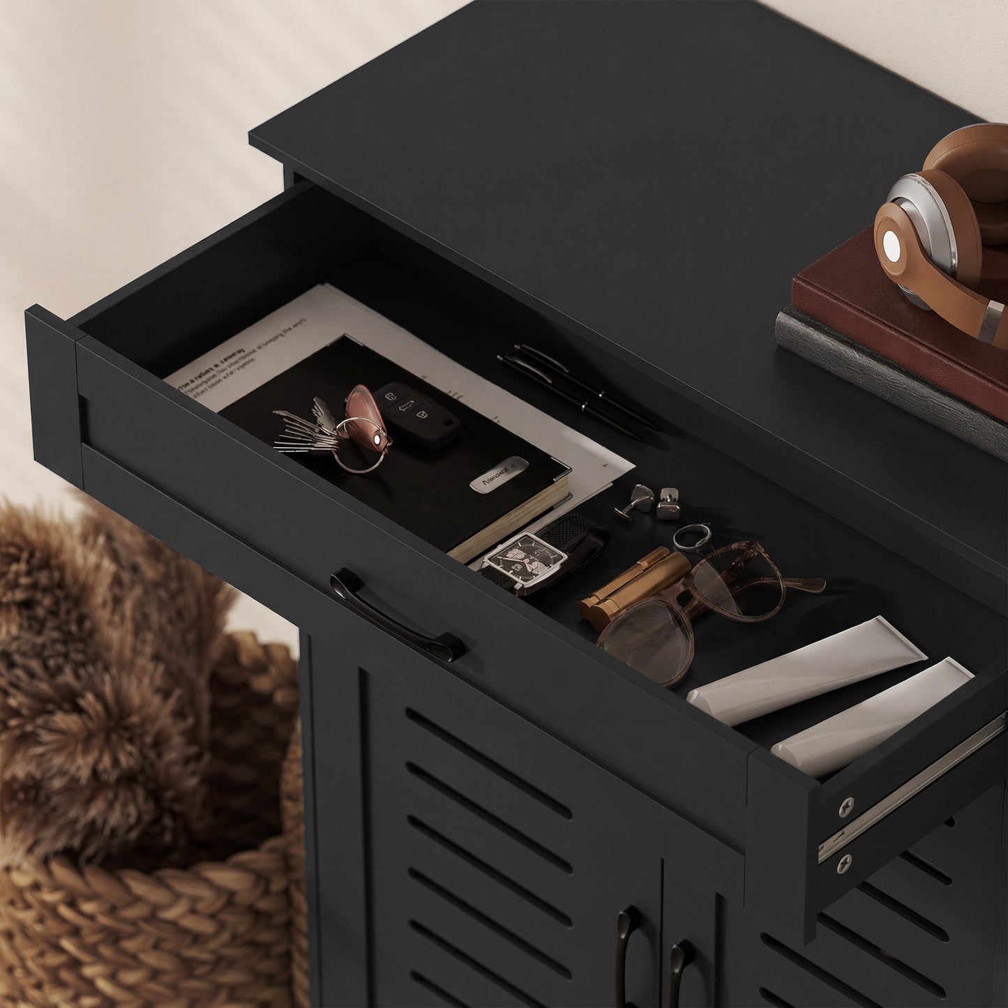 HOMCOM Shoe Cabinet With Louvered Doors, Modern Shoe Storage Cabinet With Drawer And Adjustable Shelves, Black
