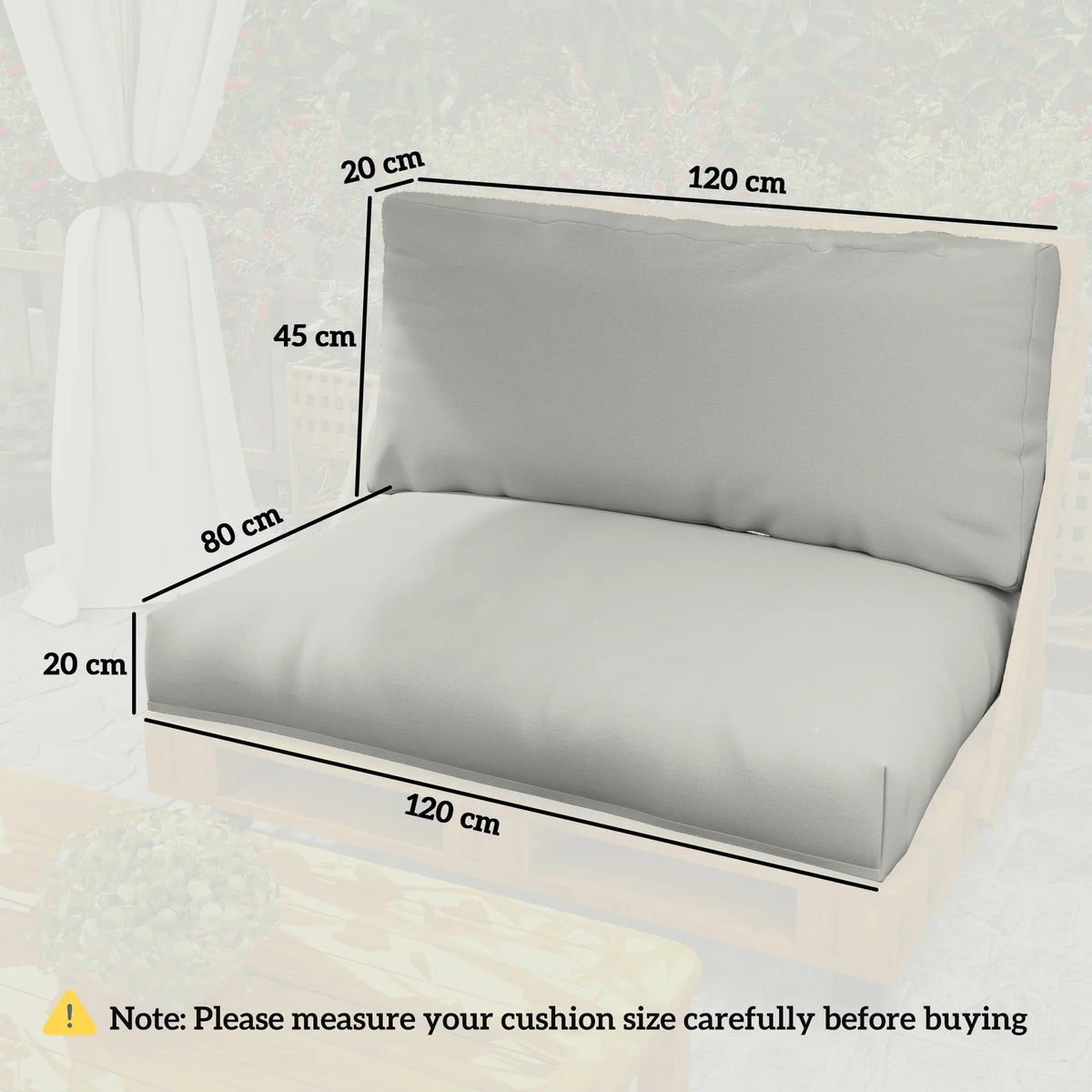 Light grey seat and back cushions with size labels: 120x80 seat, 120x45 back