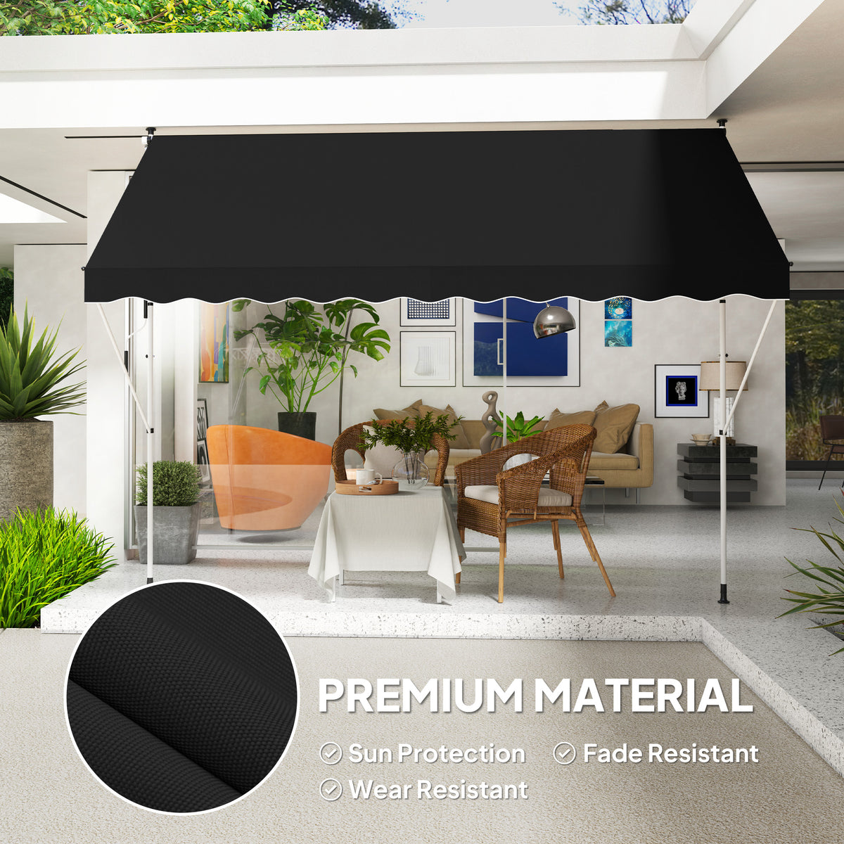 Retractable black awning with durable fabric canopy on white frame posts