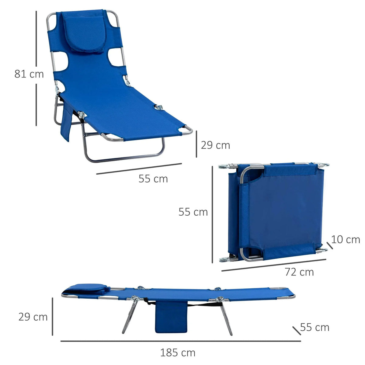 Blue adjustable sun lounger chair with face and arm holes on metal frame