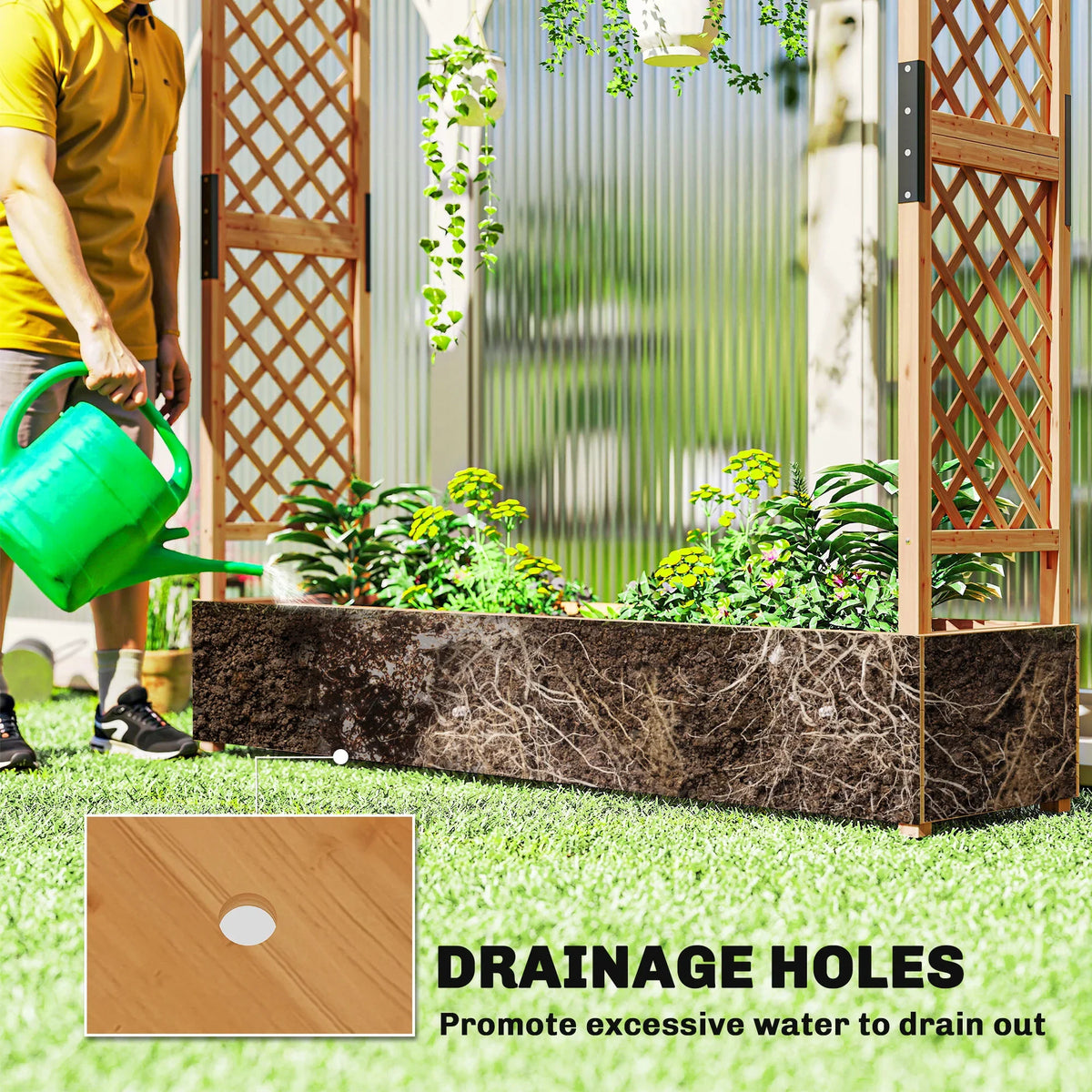 Fir wood planter box with drainage holes along the base for excess water runoff