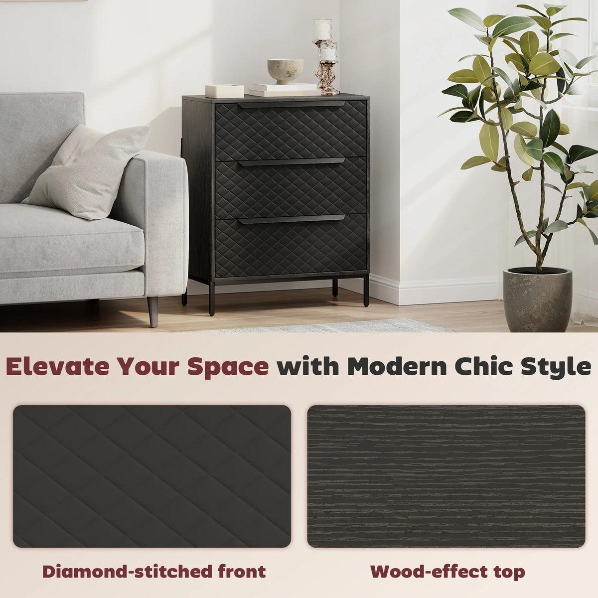 Black chest of drawers with diamond-stitched front, wood-effect top, 3 fabric drawers