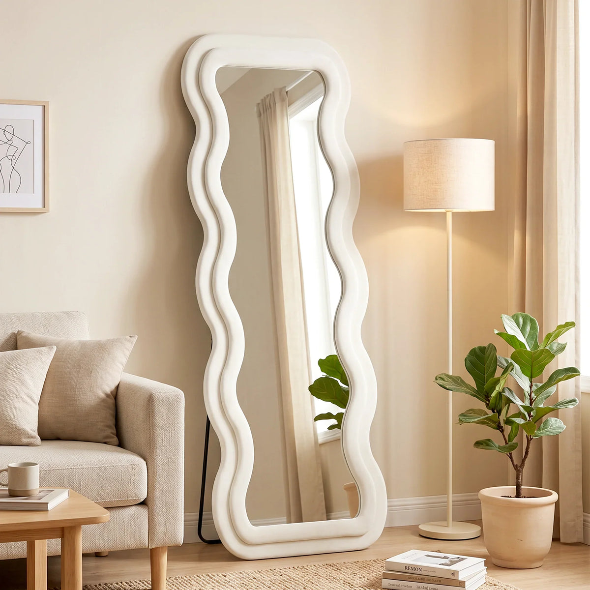 Full-length standing mirror with cream wavy velvet frame and clear tempered glass