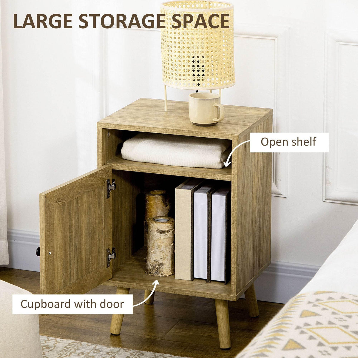 Bedside cabinet with open shelf and hinged door, woven front panel, light wood legs