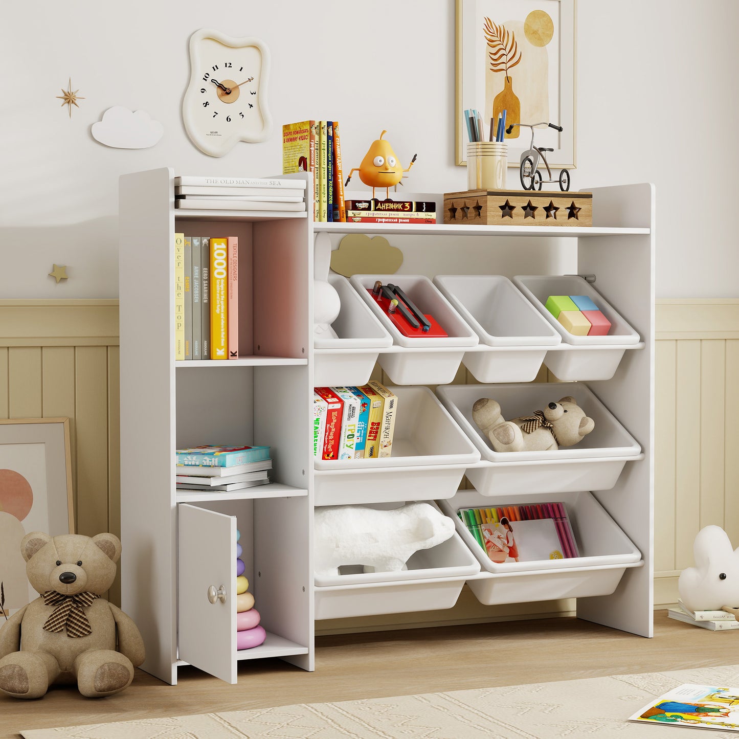 AIYAPLAY Toy Storage Unit With 8 Removable Bins And Shelves And Cabinet In White For Kids Bedrooms And Playrooms