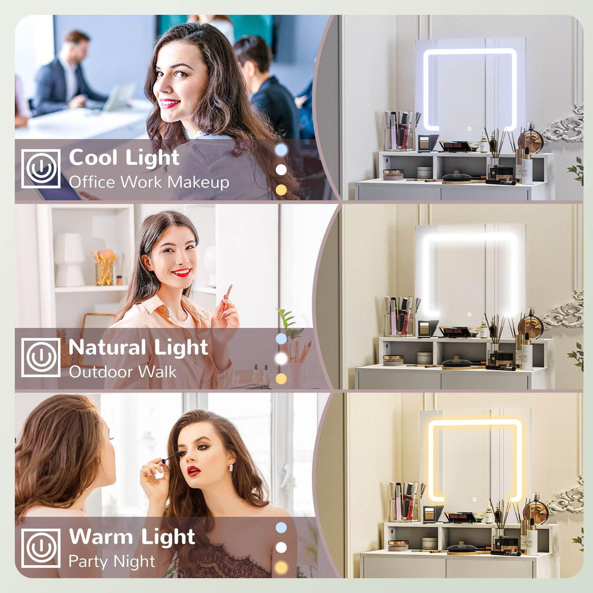 White vanity table with LED backlit mirror frame and makeup items on the tabletop