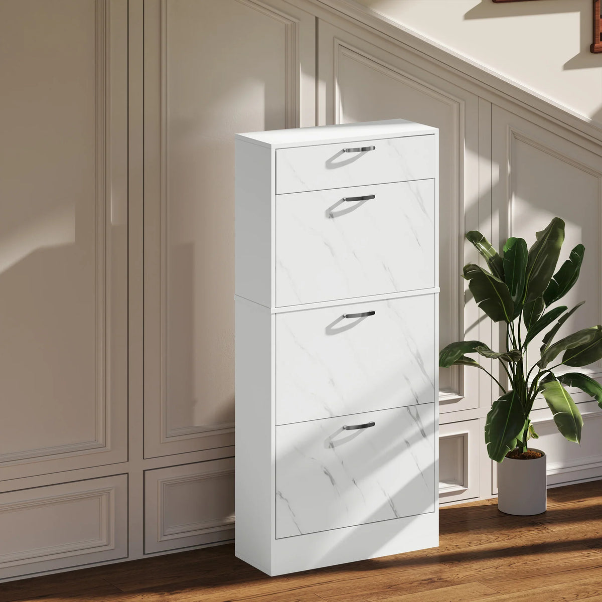 White marble-look shoe cabinet with three flip drawers and curved bar handles