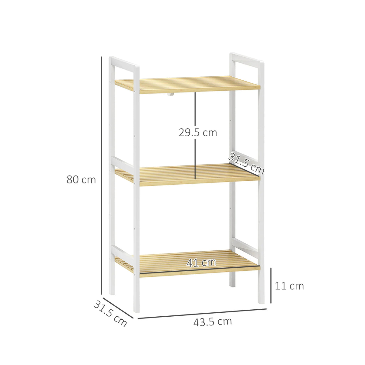 3-tier bathroom shelf unit with white frame and bamboo-look shelves