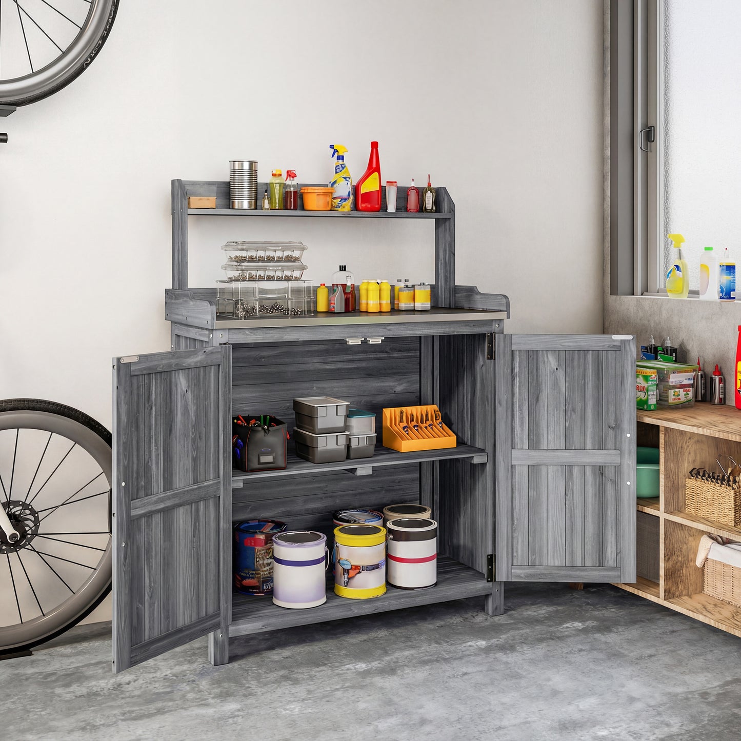 Outsunny Wooden Potting Bench Table With Aluminium Worktop Outdoor Garden Workbench Top Shelf And Cabinet Storage