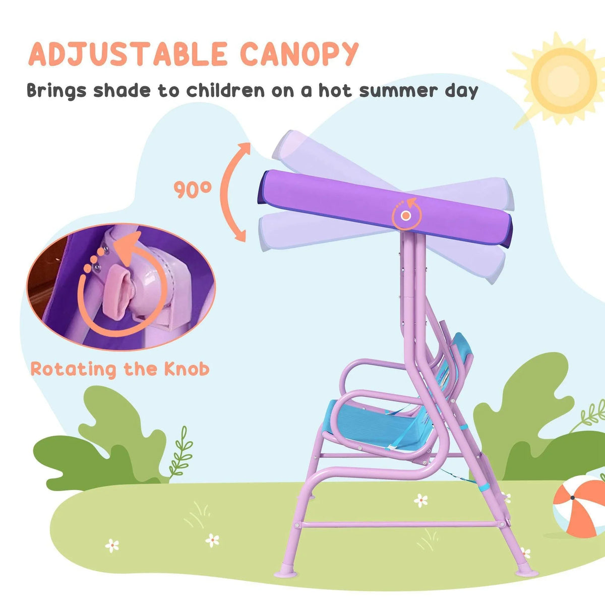 Adjustable canopy kids swing chair with purple top and rotating side support