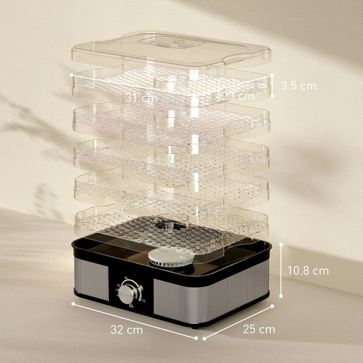 Compact black and stainless food dehydrator with four clear stack trays and vent base.