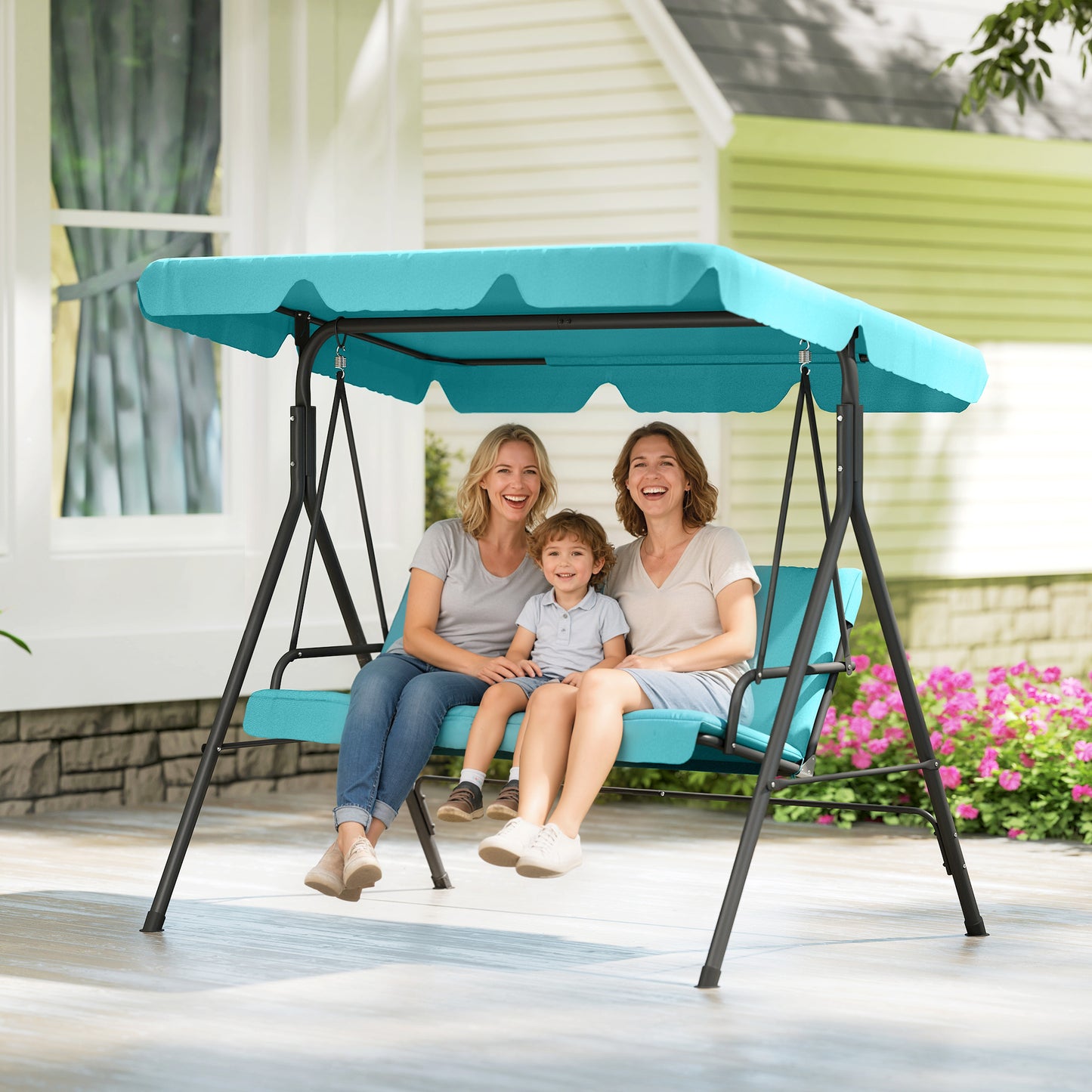 Outsunny Three Seater Garden Swing Chair With Adjustable Canopy Blue Cushioned Seat And High Back
