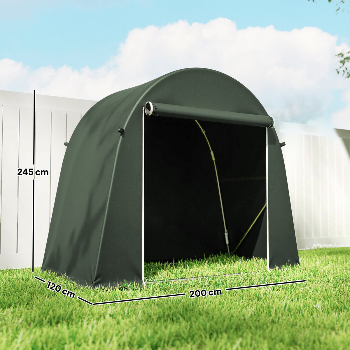 Green outdoor storage tent with roll-up front door, metal frame, arched roof