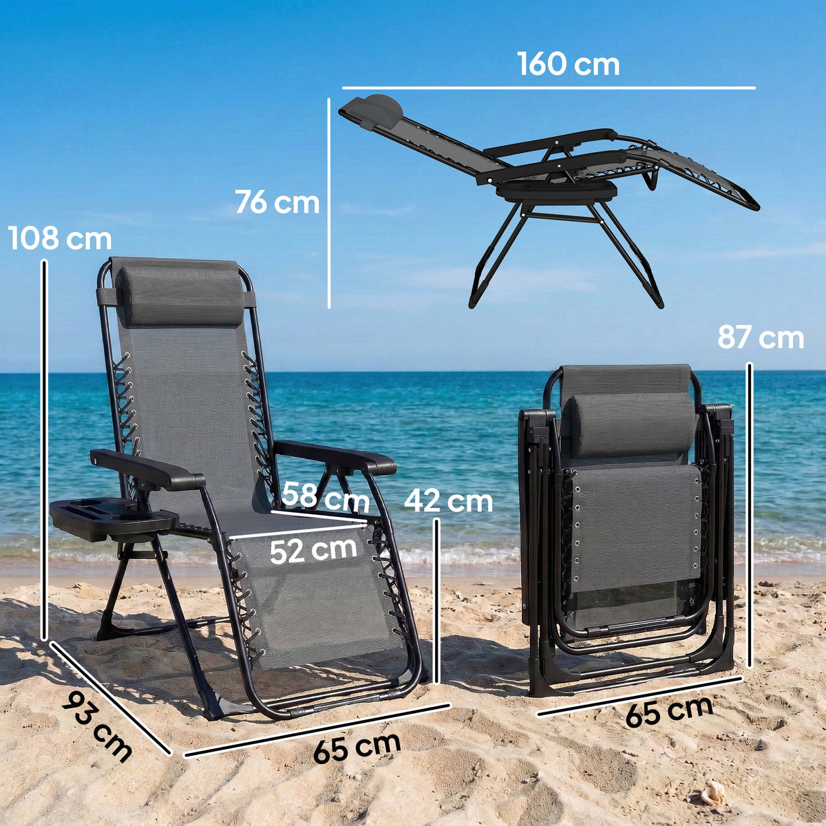 Light grey folding recliner sun lounger with adjustable zero-gravity positions, side view
