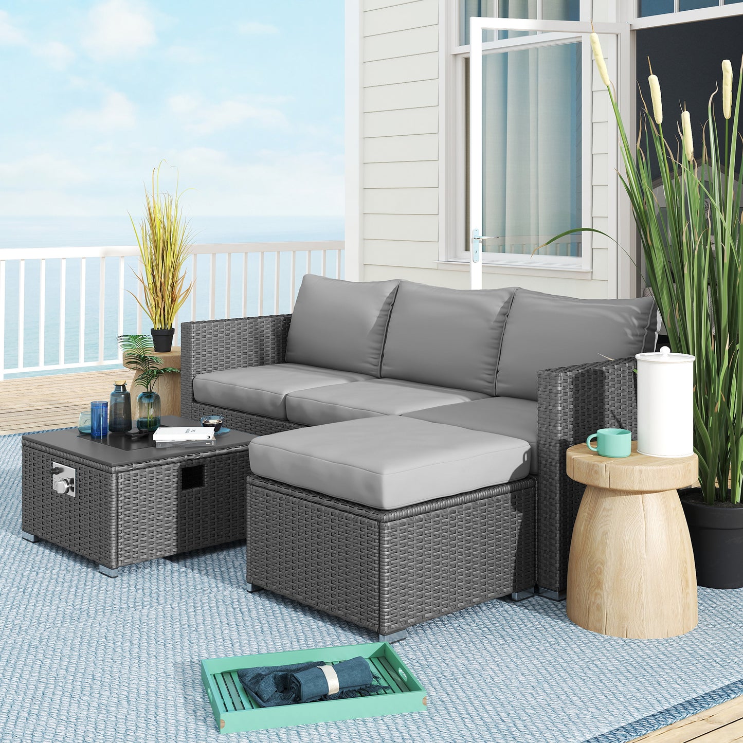 Outsunny Five Piece All Weather Rattan Garden Furniture Set With Gas Fire Pit Table And Footstool Grey