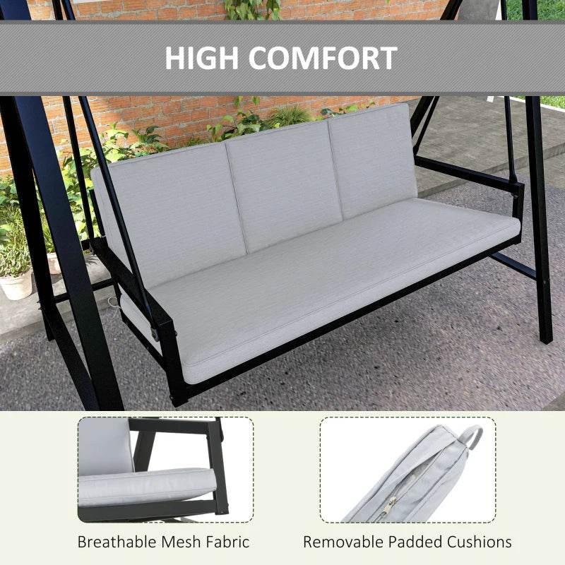Grey padded swing bench seat with removable cushions, close side view