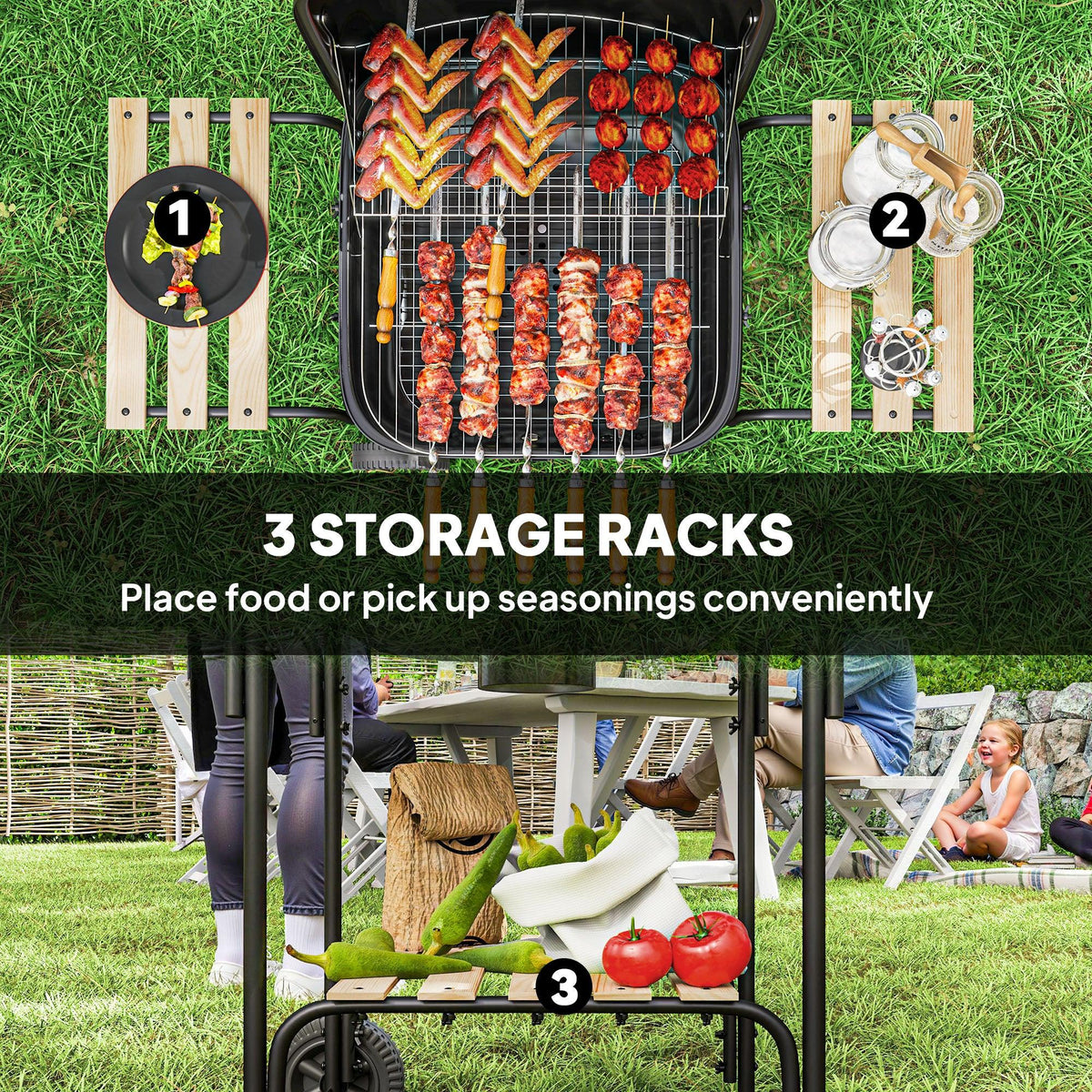 Charcoal grill in use with warming rack and three storage shelves on the cart