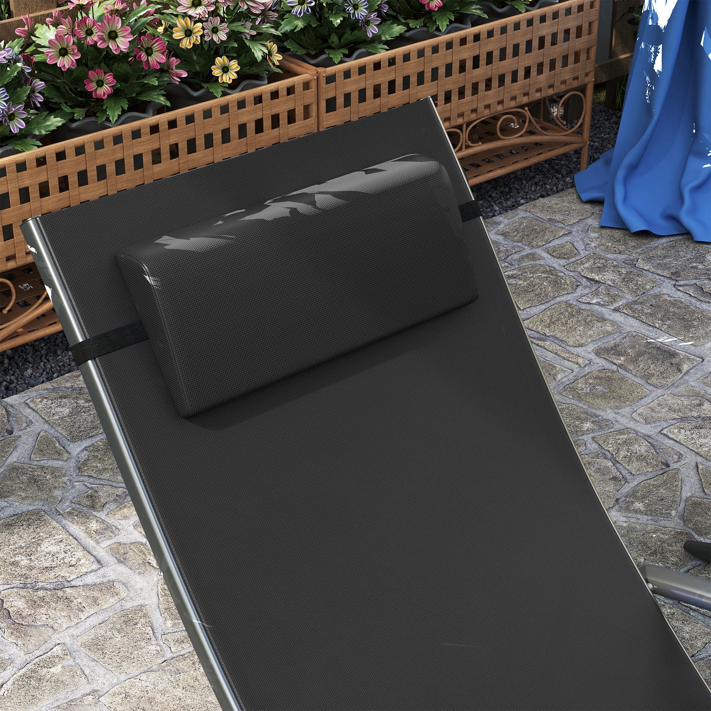 Outsunny Set of Two Adjustable Back Sun Loungers Black With Quick Dry Texteline Mesh and Cushioned Pillows