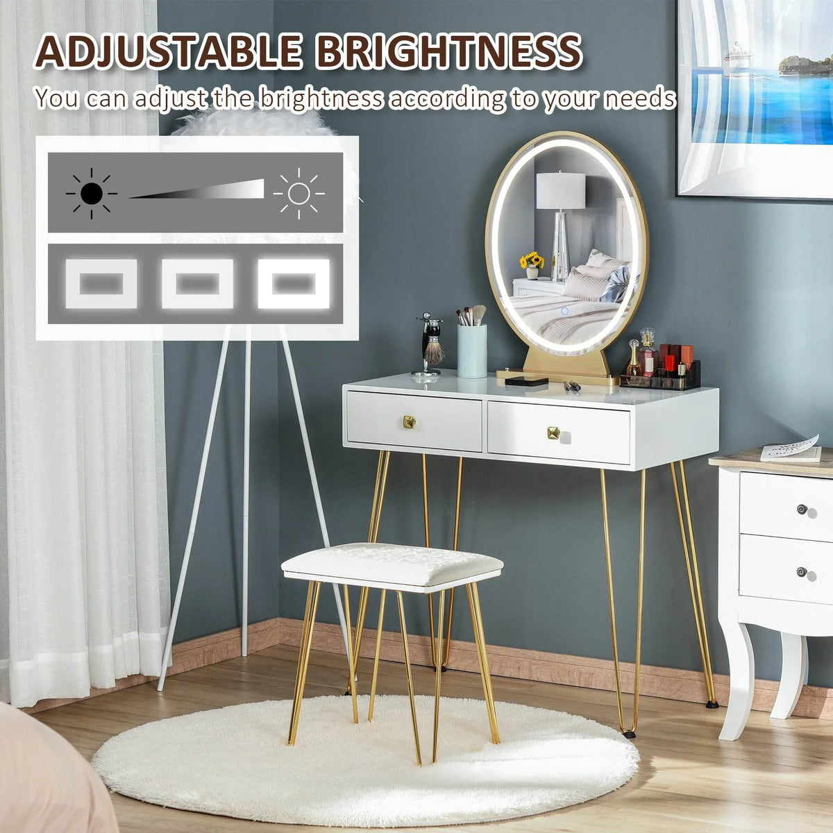 White vanity set with round LED mirror, two drawers, and cushioned stool, bright glow