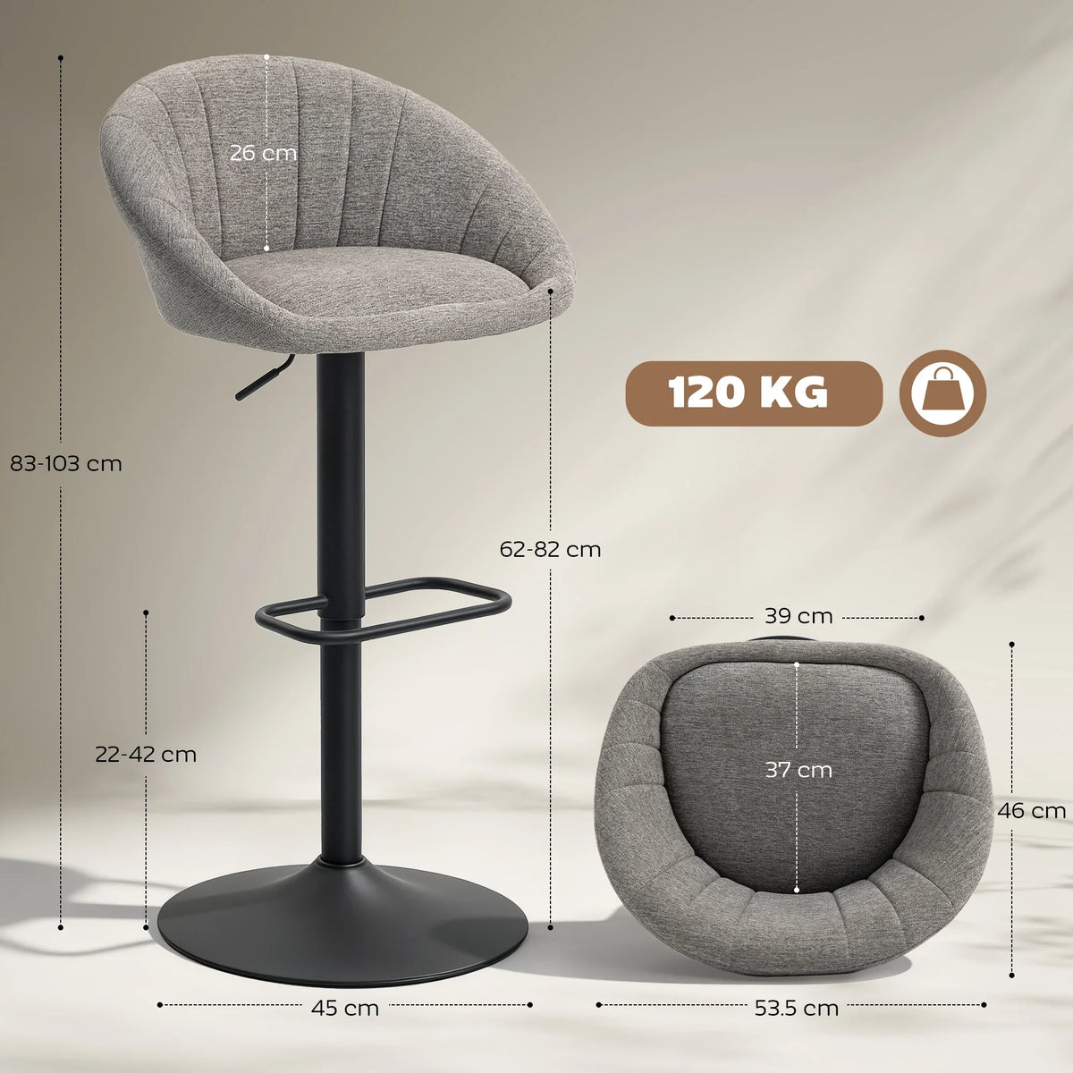 Grey upholstered bar stool with adjustable height, curved back, and black swivel base