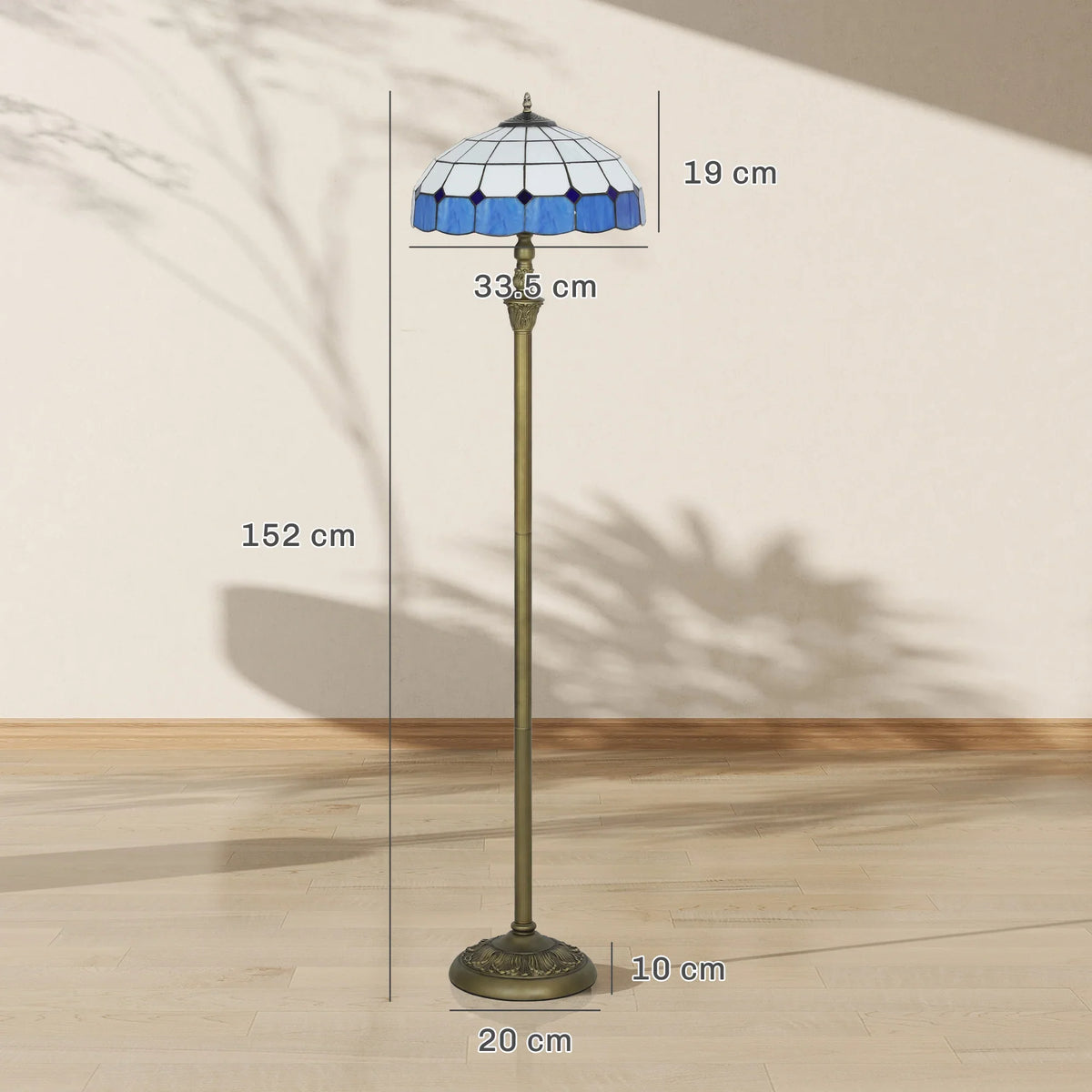 152 cm tall bronze floor lamp with blue stained-glass dome shade