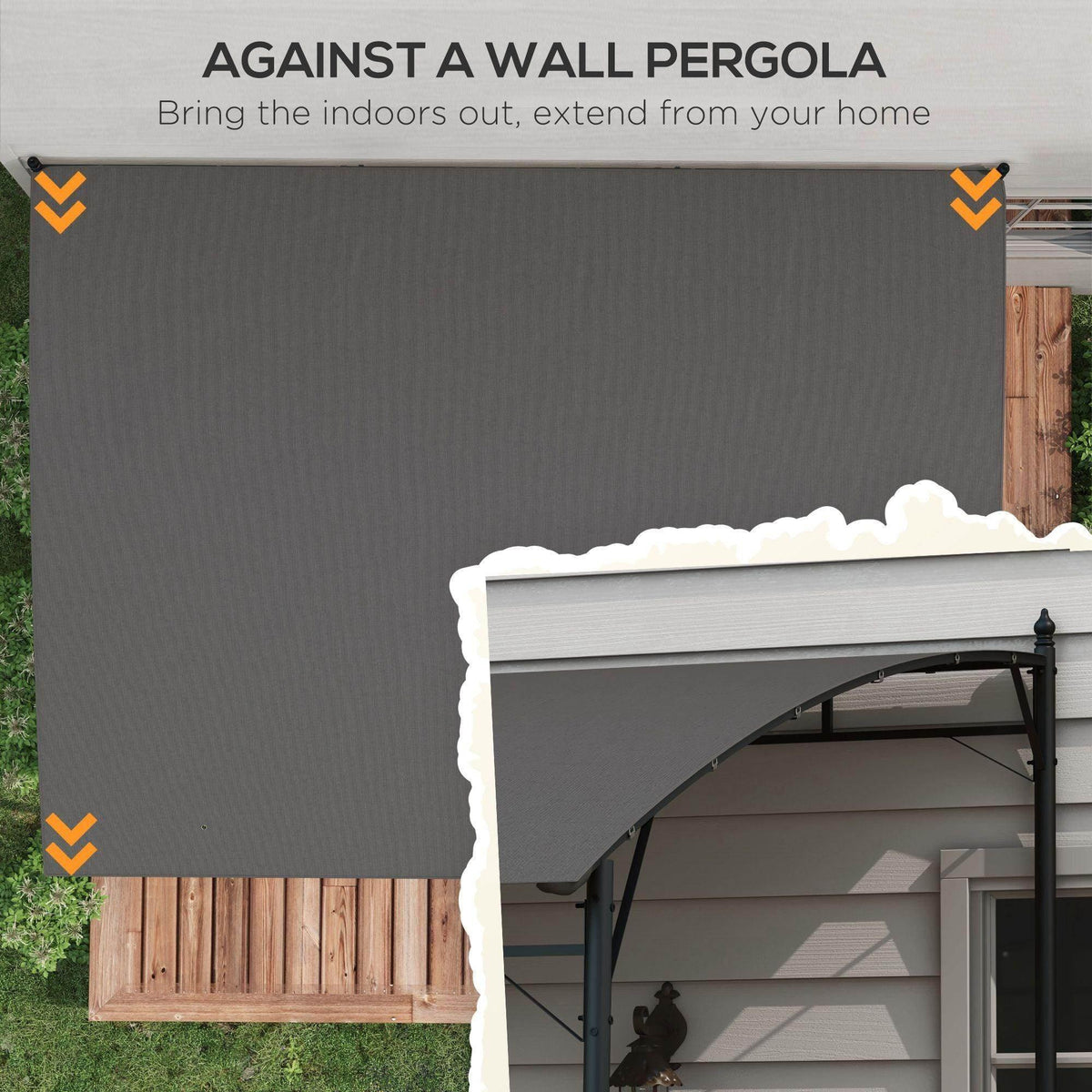 Wall-mounted pergola gazebo with dark gray canopy and black support posts near house