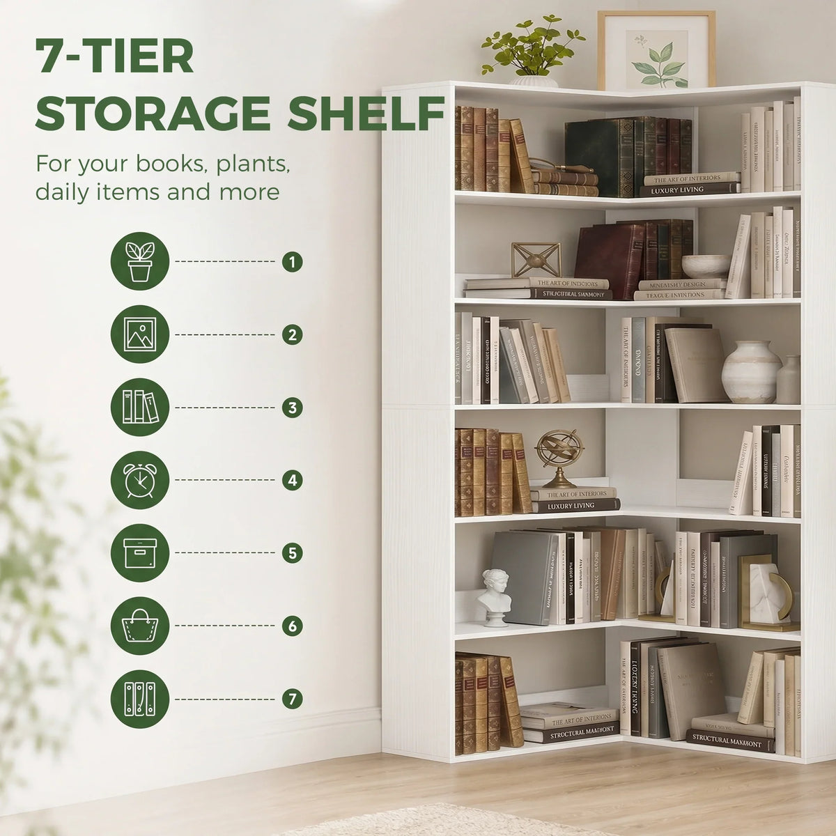 White 7-tier storage corner bookshelf with open cubby shelves for books and plants
