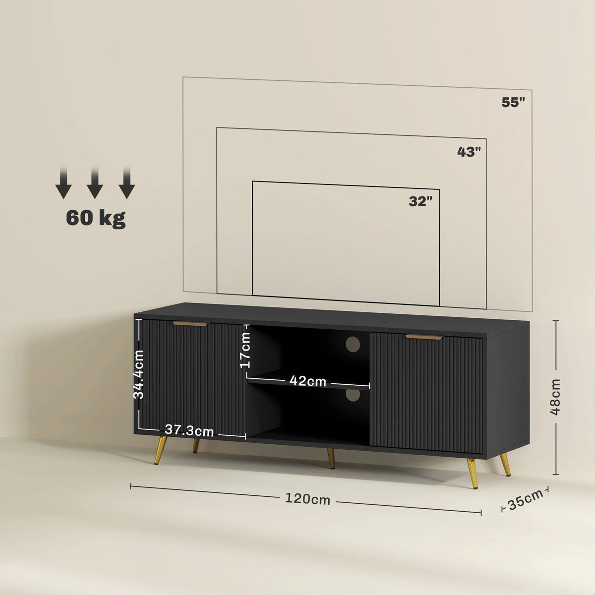 Black TV stand cabinet with open center shelf, two side doors, and gold legs