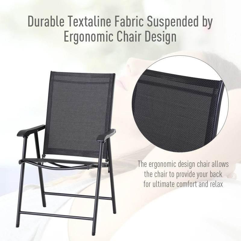 Black folding garden chair with mesh back and seat on metal legs