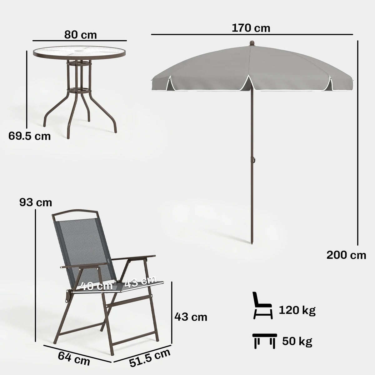Garden dining set components diagram: round table, umbrella parasol, 4 folding chairs