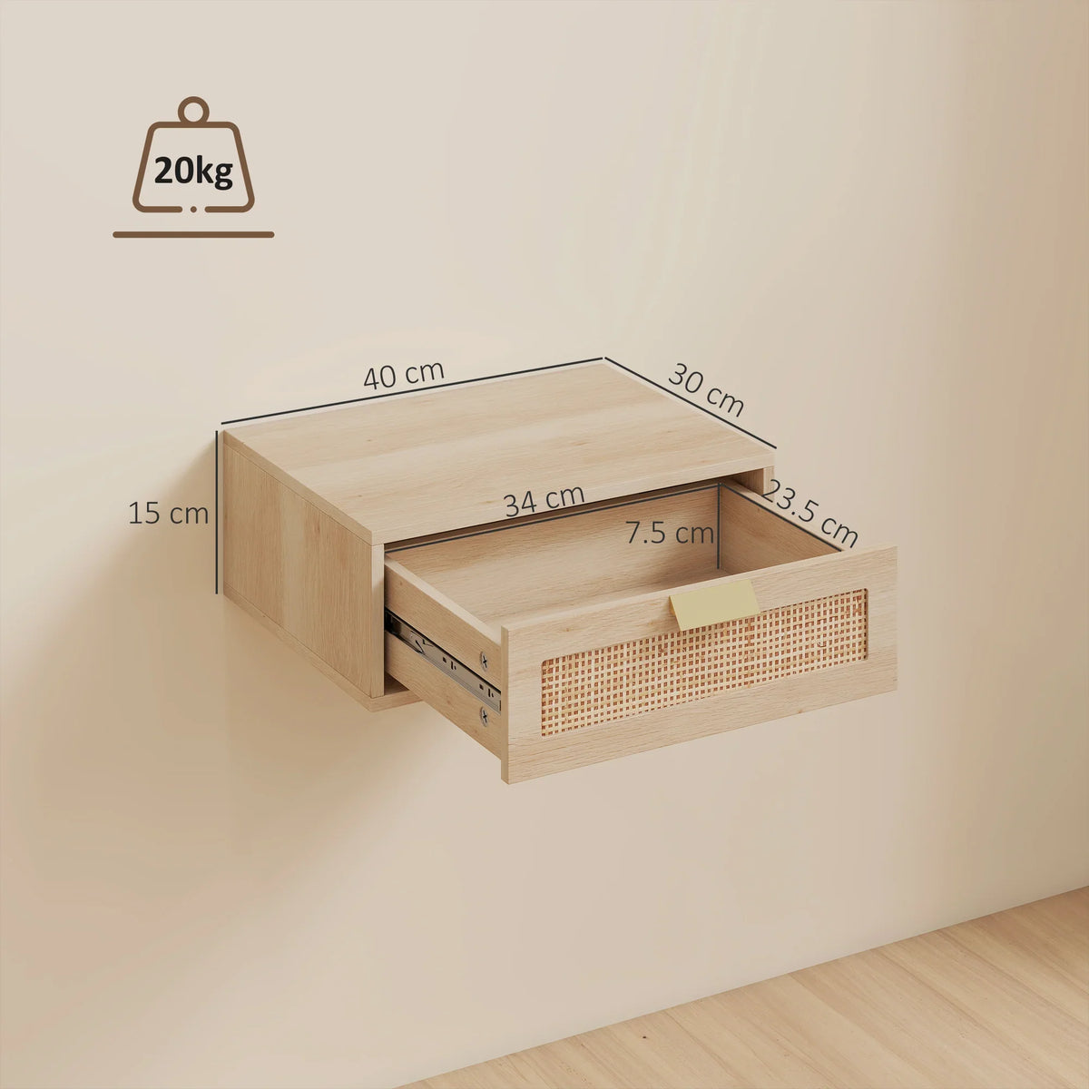 Wall-mounted bedside cabinet with rattan-front drawer, shown with size measurements