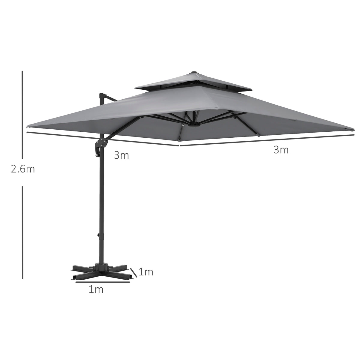 Gray cantilever umbrella with 360° rotating double-top canopy and stand