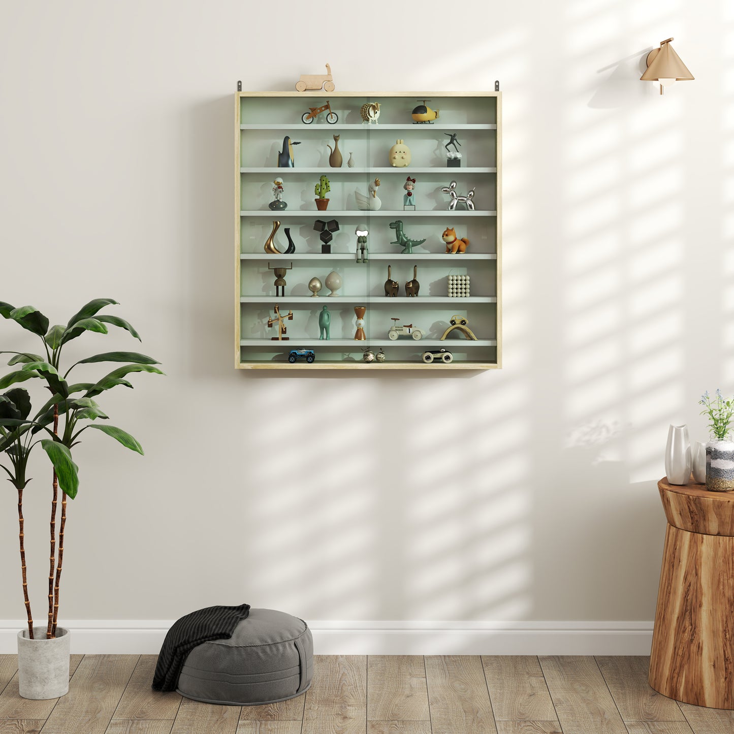 HOMCOM 7 Tier Wall Display Shelf Cabinet With Glass Doors 6 Adjustable Shelves For Home Office Oak 83 By 80 Cm