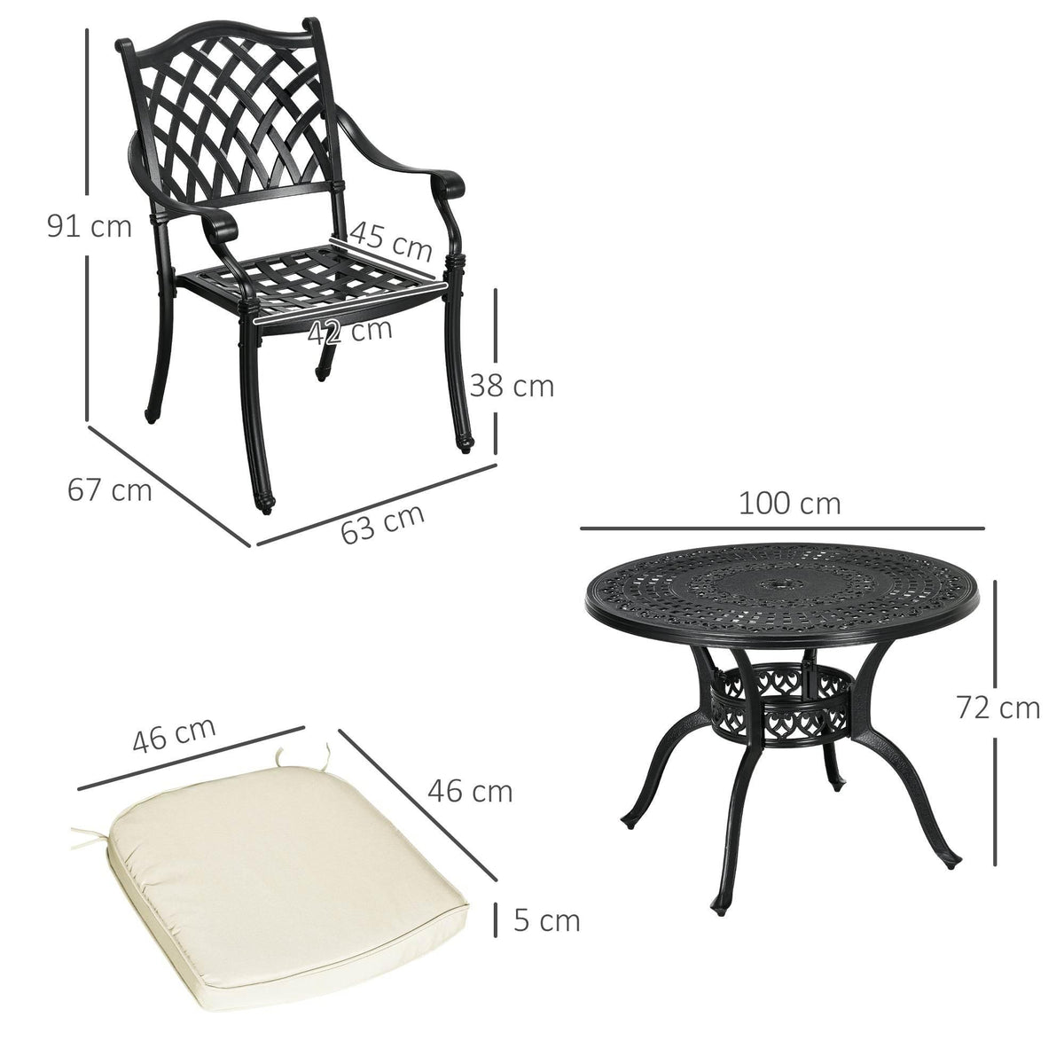 Black outdoor dining arm chair, round cast-aluminum table, and cream seat cushion (set)