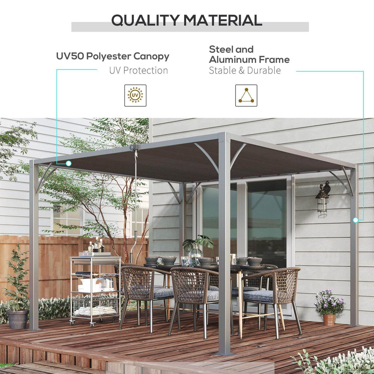 Grey outdoor pergola with retractable louvered roof and four posts, patio canopy shelter