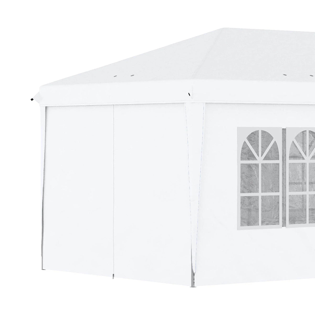 White pop-up gazebo tent with side walls and window panel