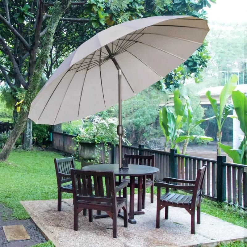 Light grey tilting outdoor parasol with round pleated canopy over patio table set