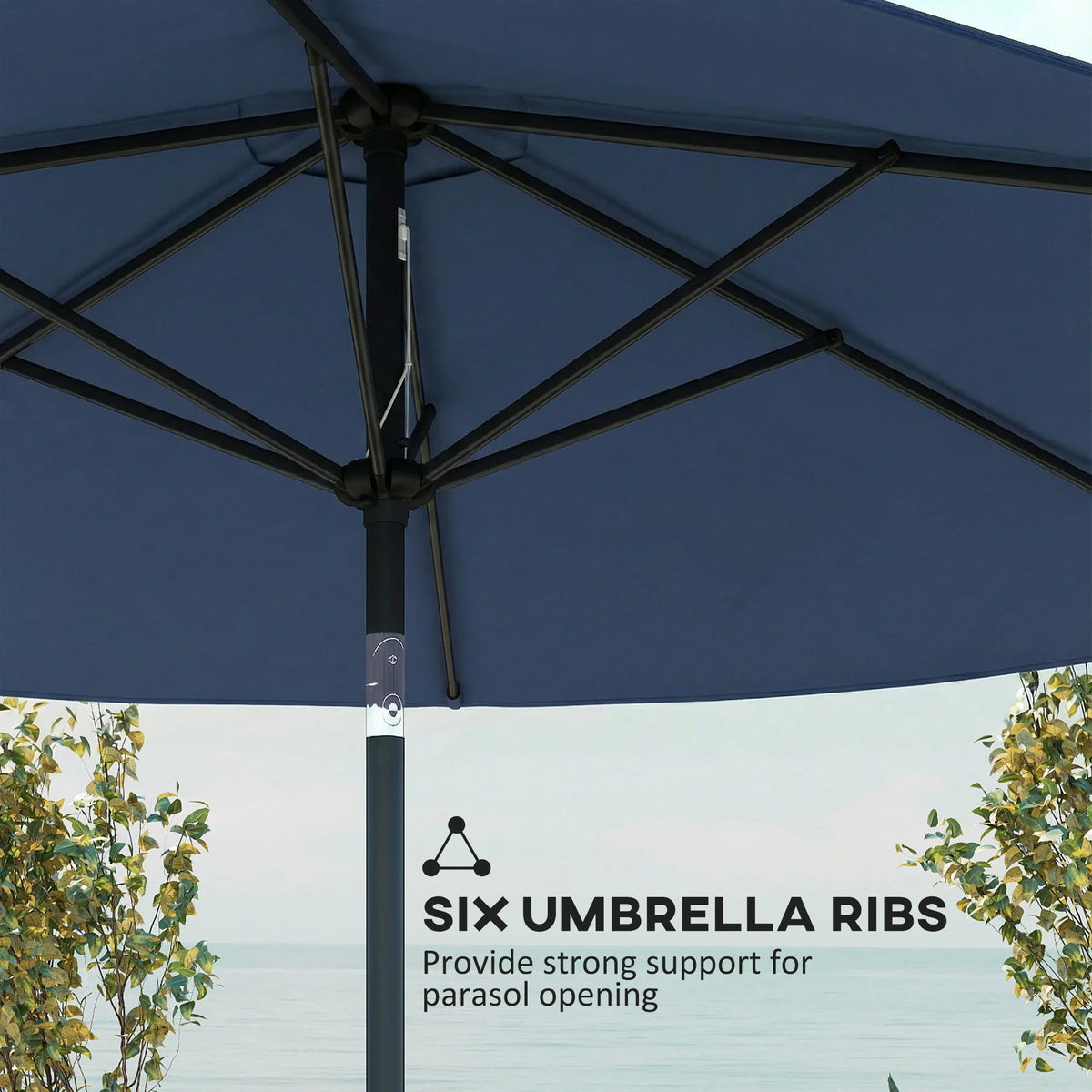 Navy blue parasol underside with six reinforced umbrella ribs and central support pole
