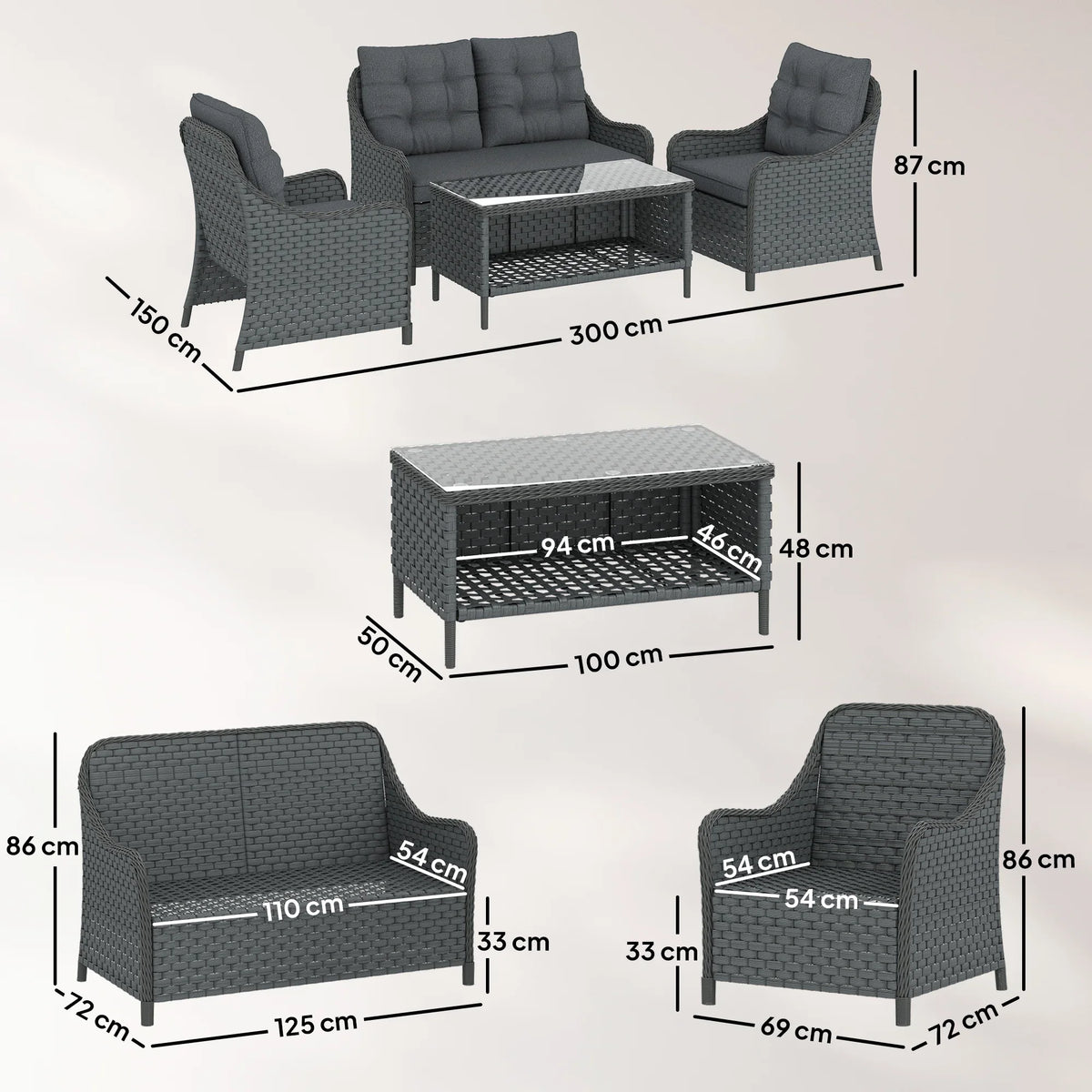 Dark grey wicker patio furniture set diagram: loveseat, two armchairs, glass coffee table