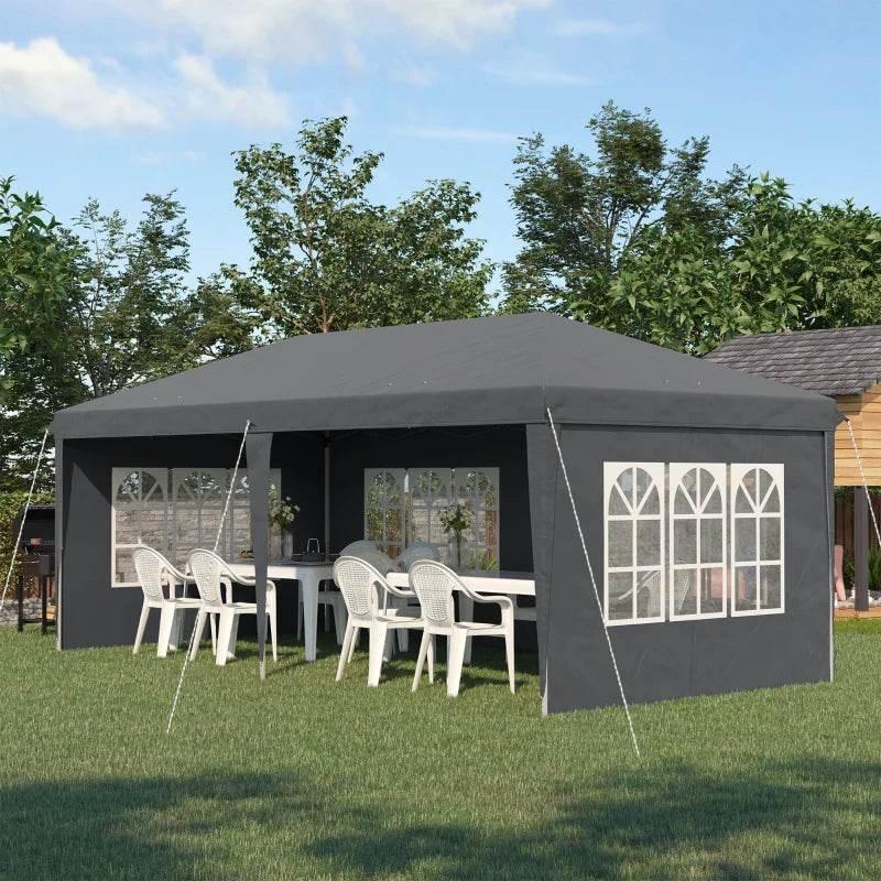 Grey pop-up gazebo with sidewalls, open front, and printed window panels