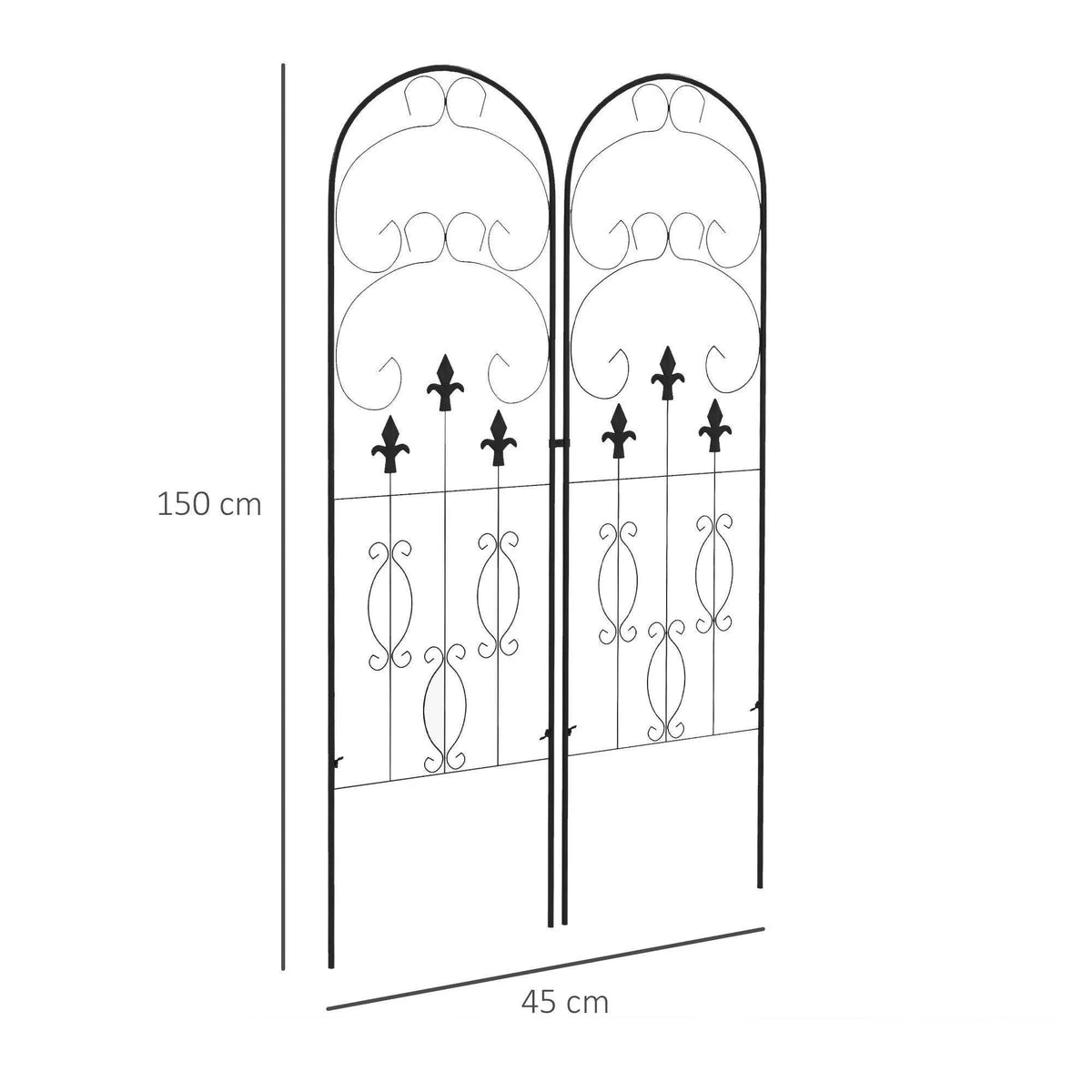 Black metal trellis set of two with arched scrollwork, size marked 150 cm and 45 cm