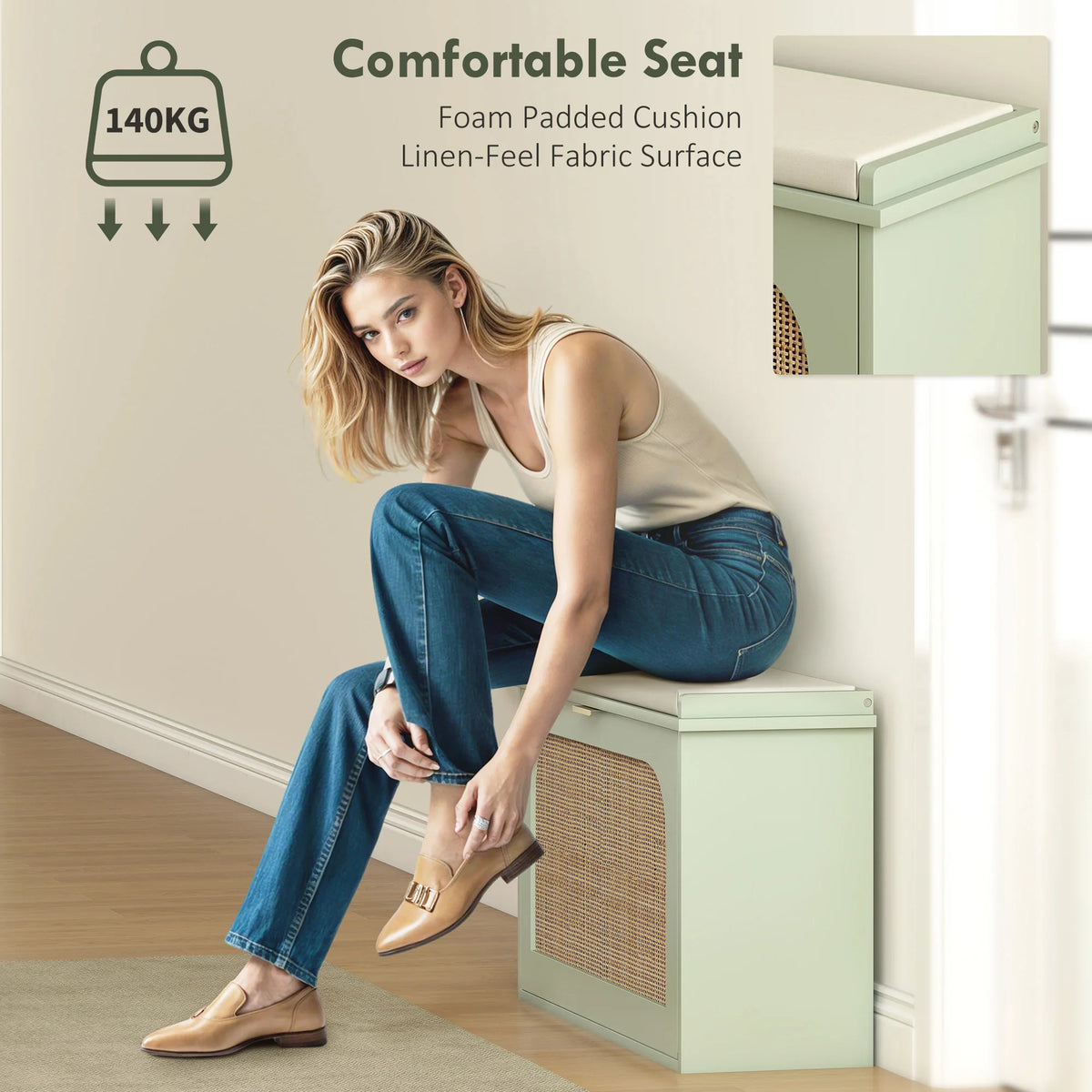 Light green shoe bench with foam padded cushion seat and flip drawer front storage.