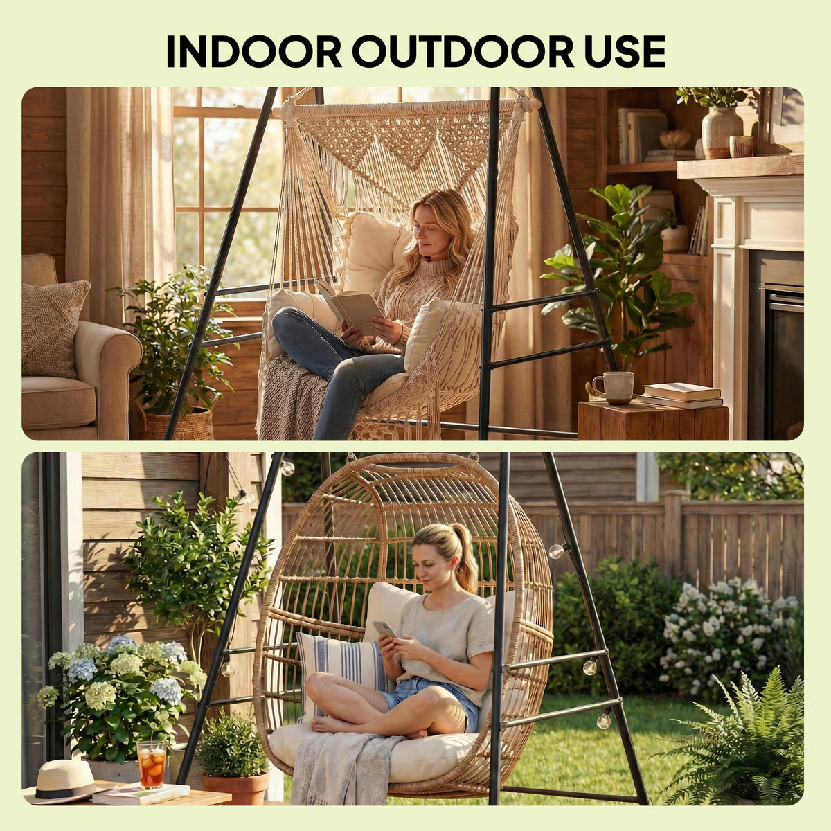 Black A-frame hammock chair stand with woven hanging seat and cushions for indoor or outdoor