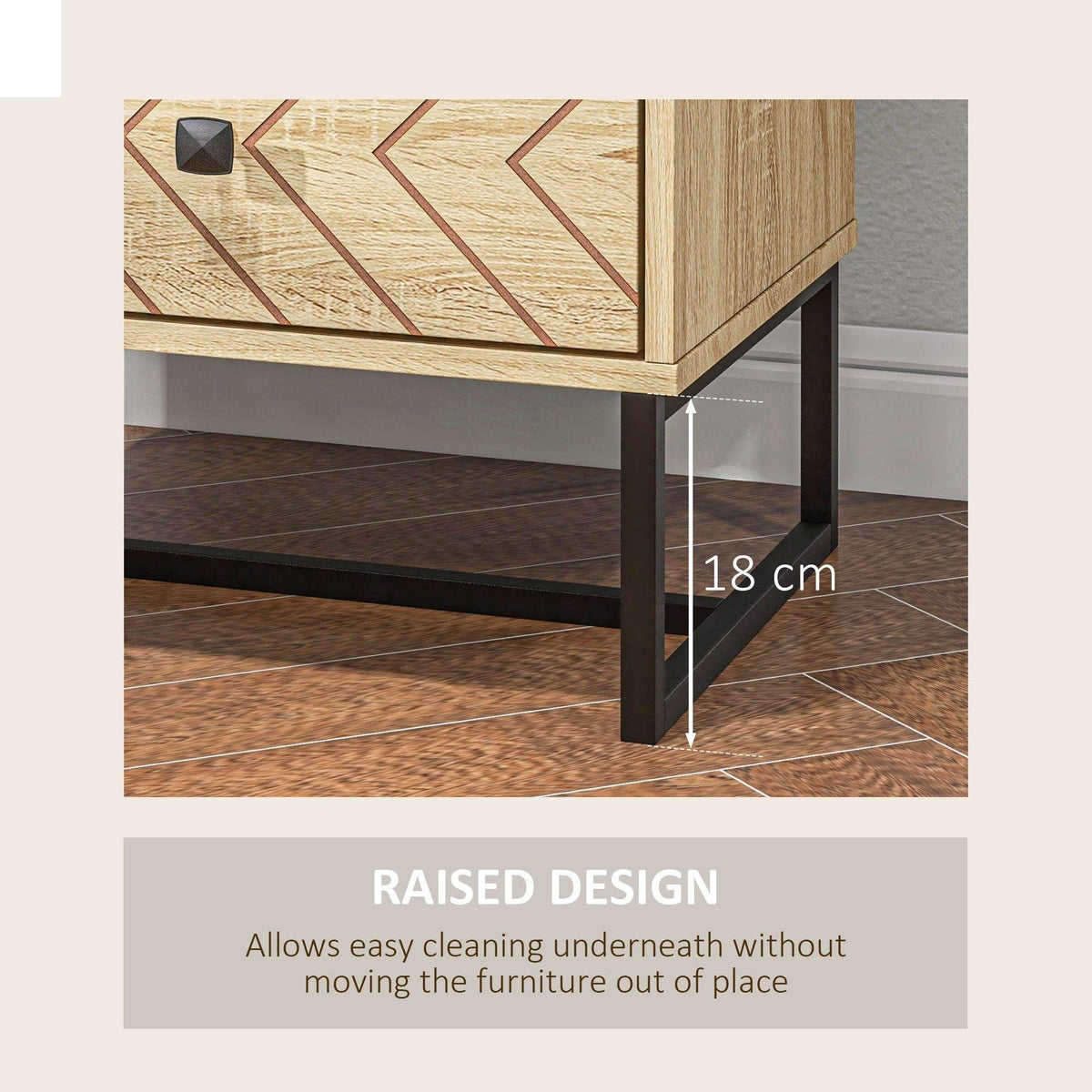 Nightstand with raised bottom clearance and 2 drawers, geometric front panel