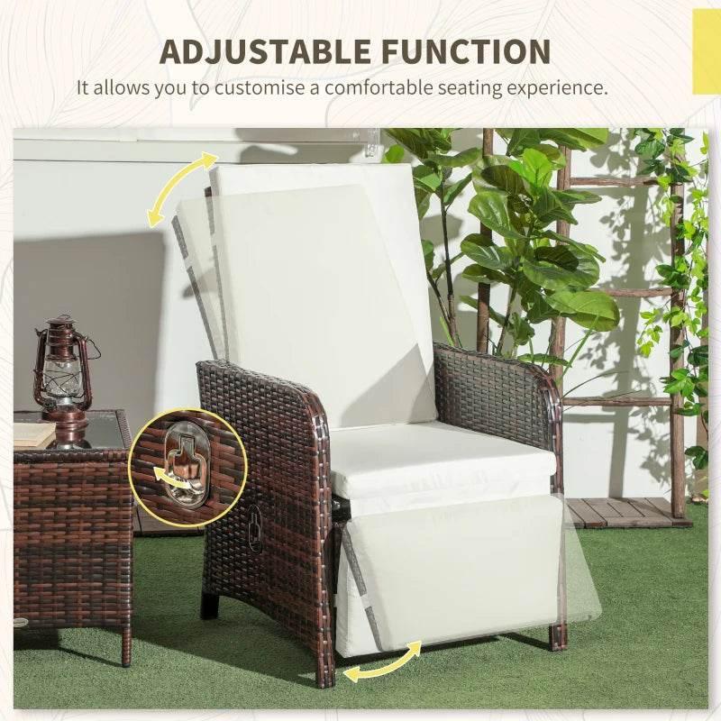 Mixed-brown rattan chair with adjustable backrest and white seat and back cushions
